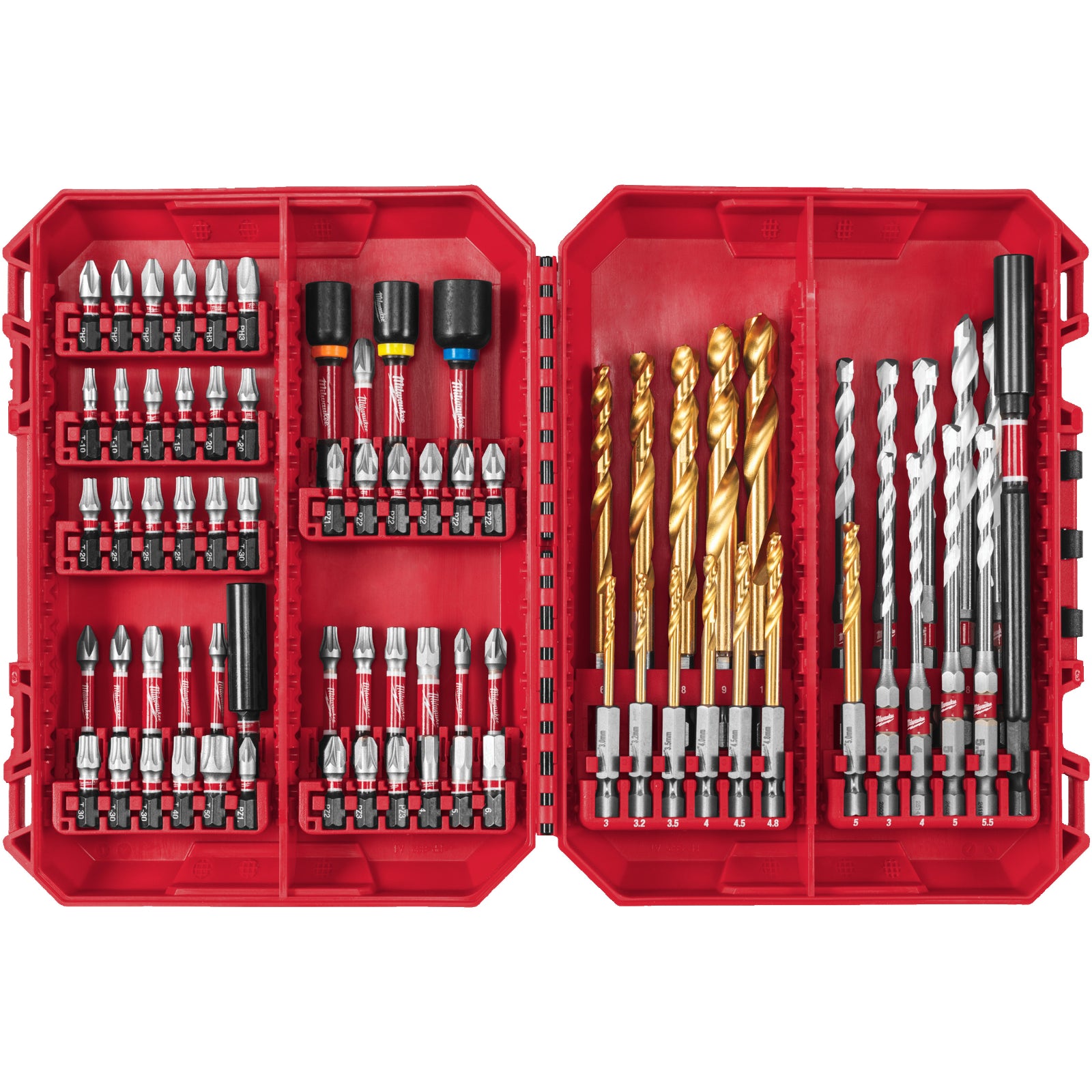 Milwaukee Shockwave Zubehör Set 74 tlg. (Bits 25 mm & 50 mm, Red Hex Metallbohrer, Multimaterialbohrer, Steckschlüssel, Bithalter, Packout Kassette)