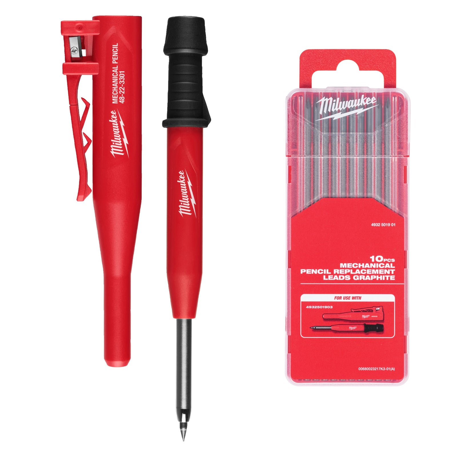 Milwaukee Tiefloch-Baumarker inkl. 10 Graphitminen in Nachfüllbox (Tieflochmarker mit 2,8 mm Mine, Härte 2B, Bleistift)