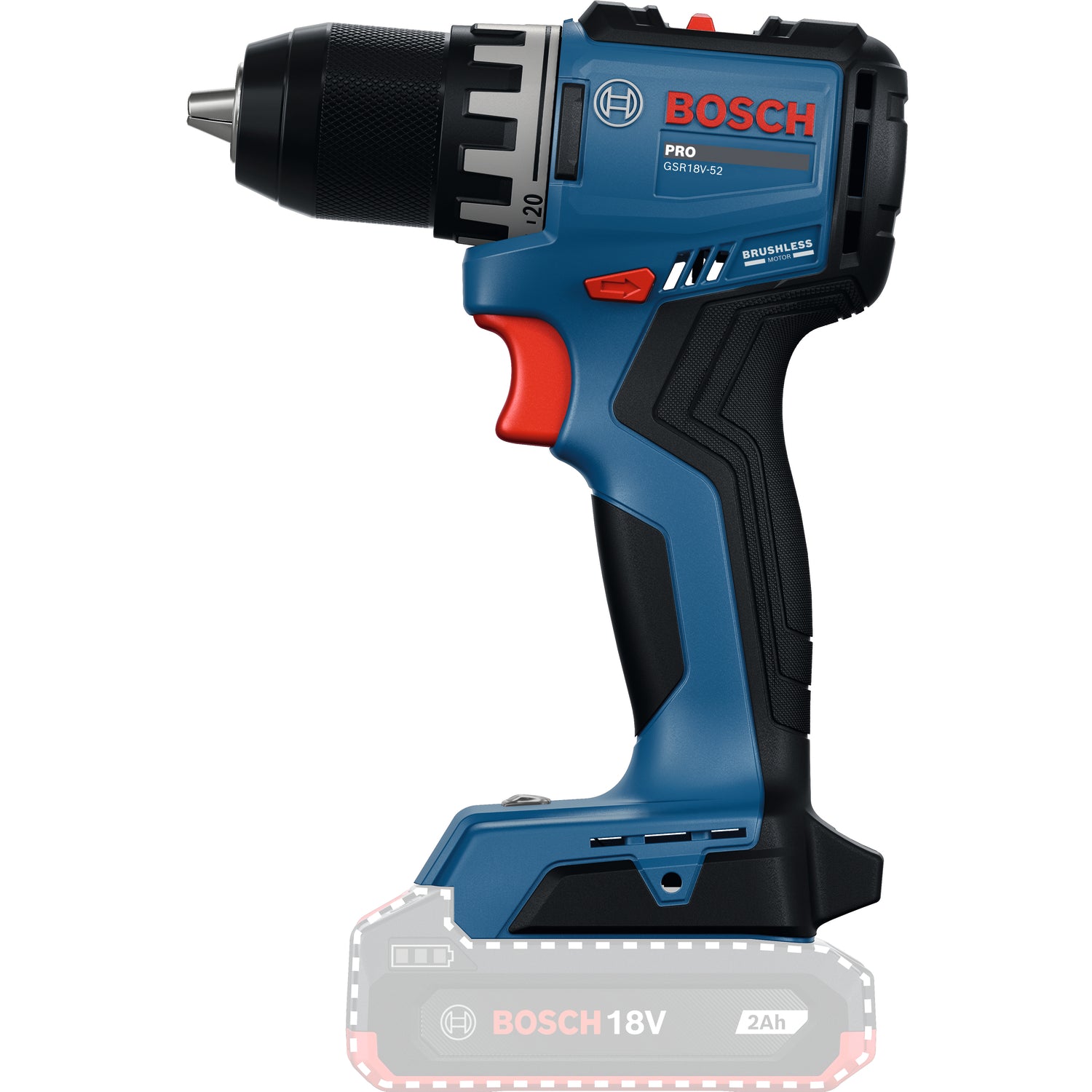 Bosch PRO Akku-Bohrschrauber GSR18V-52 (Max. Drehmoment: 70 Nm, Bohrfutter: 13 mm, Drehzahl: 500/1900 U/min, ohne Akku im Karton)