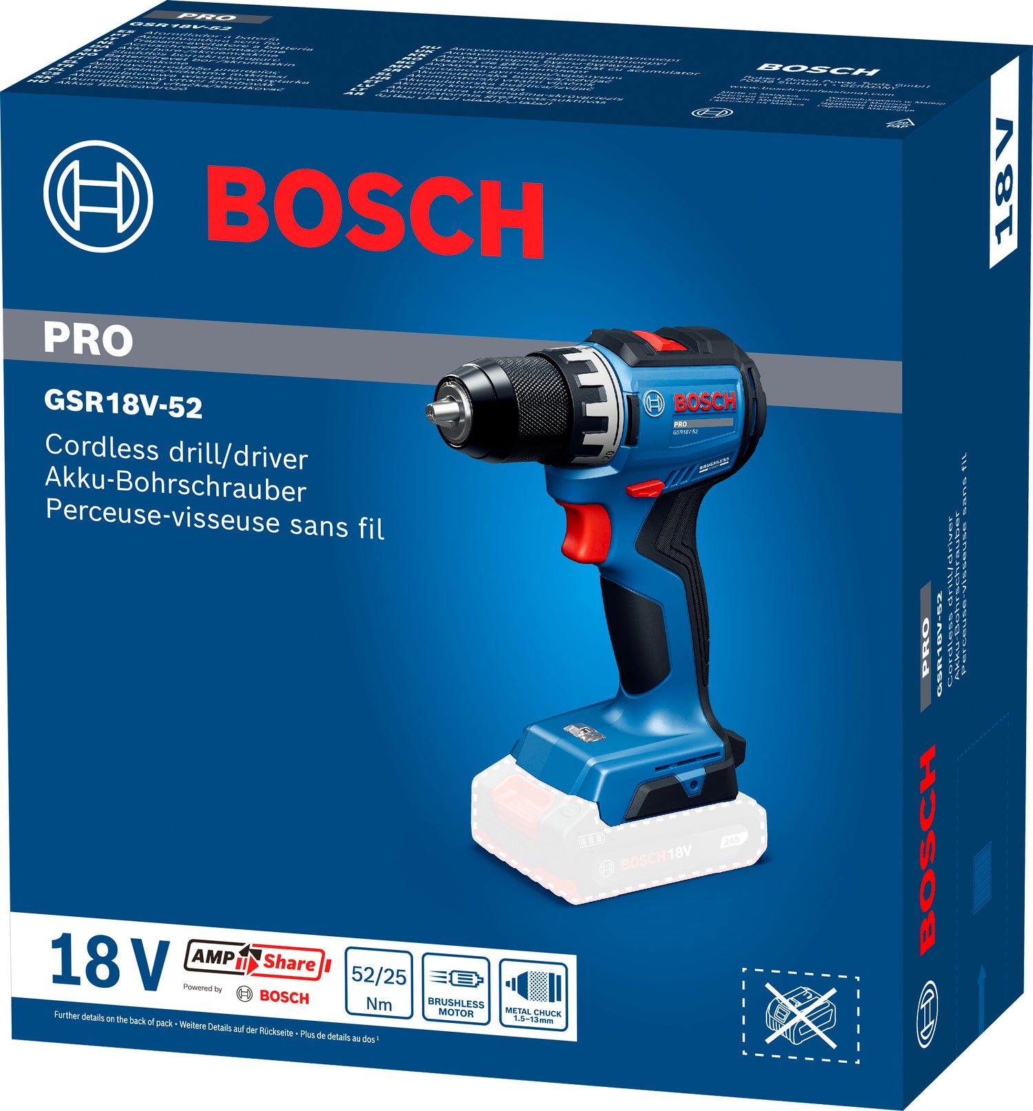 Bosch PRO Akku-Bohrschrauber GSR18V-52 (Max. Drehmoment: 70 Nm, Bohrfutter: 13 mm, Drehzahl: 500/1900 U/min, ohne Akku im Karton)
