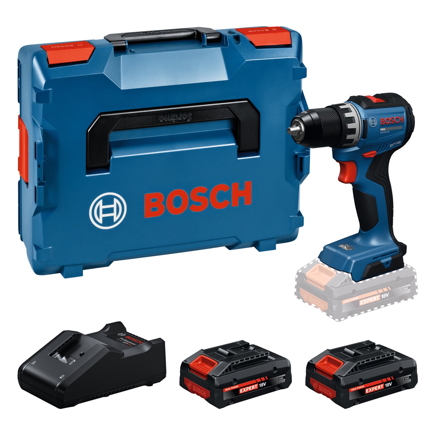Bosch PRO Akku-Bohrschrauber GSR18V-52 (Max. Drehmoment: 70 Nm, Bohrfutter: 13 mm, Drehzahl: 500/1900 U/min, mit 2 x EXBA18V-40 Akku in L-BOXX 136)