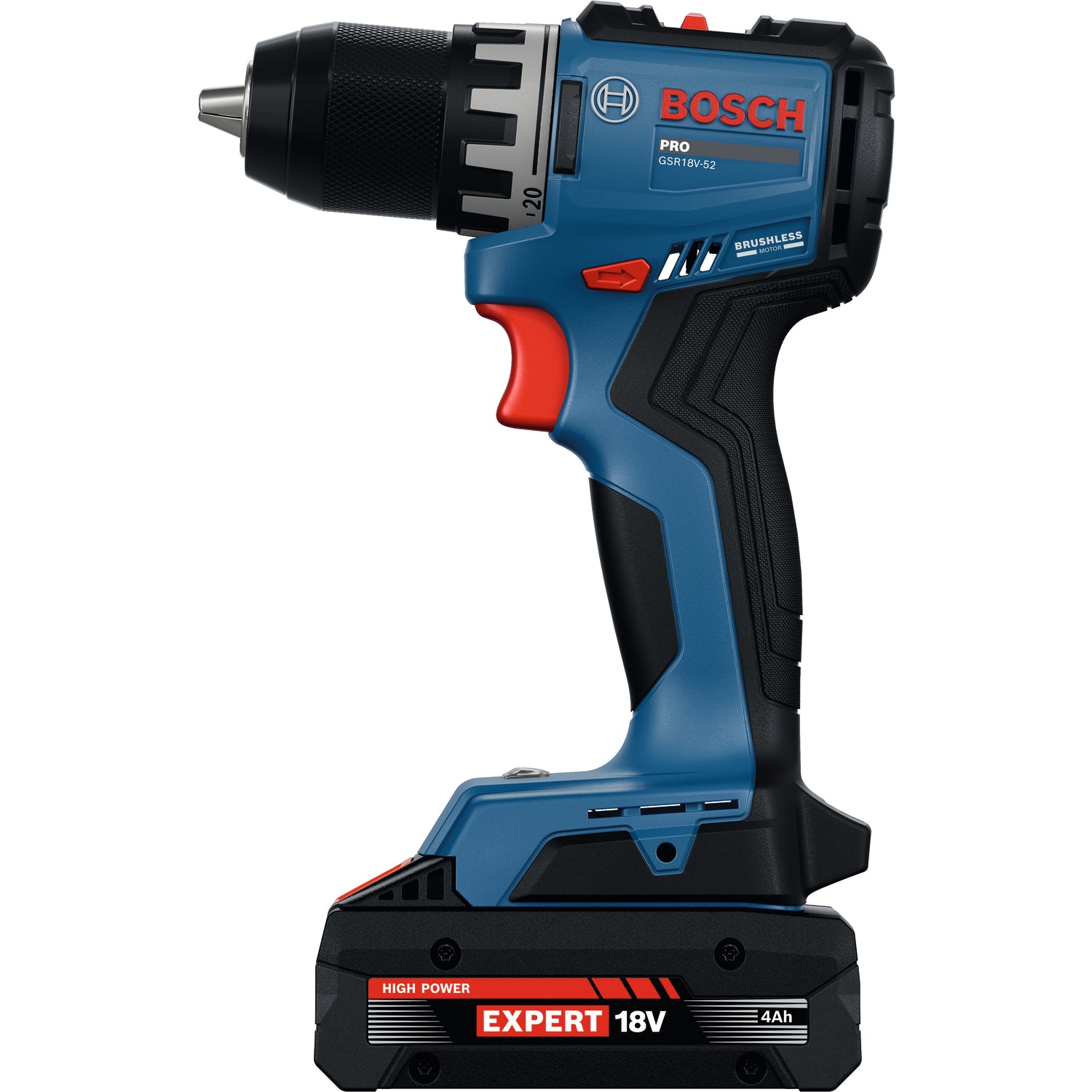 Bosch PRO Akku-Bohrschrauber GSR18V-52 (Max. Drehmoment: 70 Nm, Bohrfutter: 13 mm, Drehzahl: 500/1900 U/min, mit 2 x EXBA18V-40 Akku in L-BOXX 136)