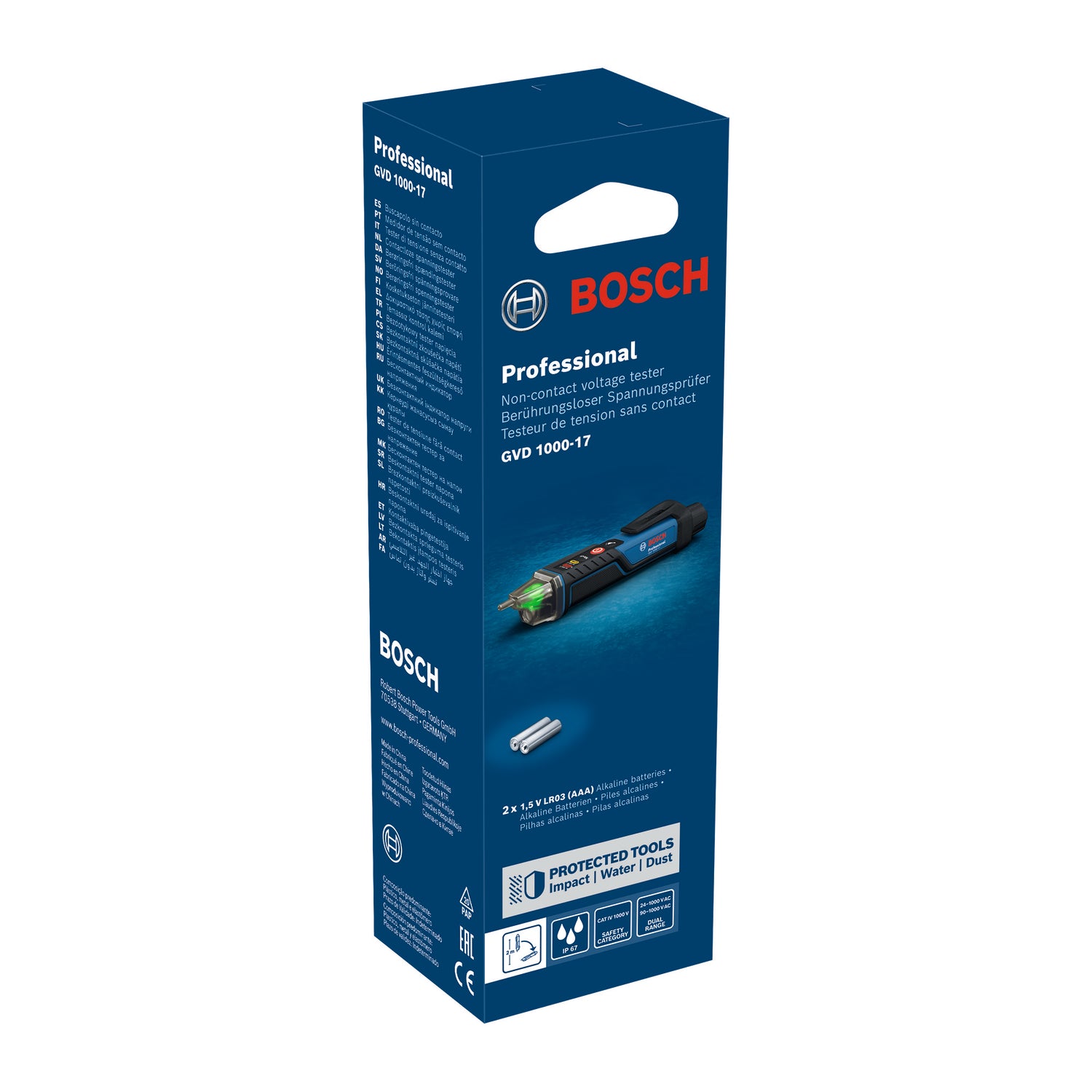 Bosch PRO Spannungsprüfer GVD 1000-17 (berührungslos, Zwei Spannungsbereiche: 24 - 1000 / 90 - 1000 V AC, CAT IV, IP67, LED-Anzeige, inkl. Batterien)