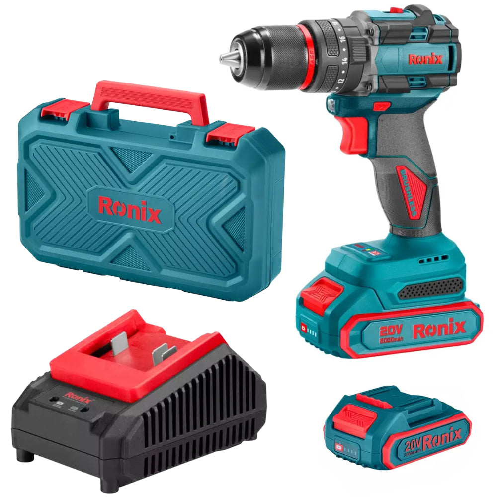 Ronix Akku-Schlagbohrschrauber 8670 (Max. Drehmoment: 60 Nm, Bohrfutter: 13 mm, kompatibel mit Makita 18V Akkus, inkl. 2 x 20V / 2,0 Ah Akku im Koffer)