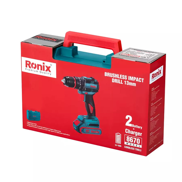 Ronix Akku-Schlagbohrschrauber 8670 (Max. Drehmoment: 60 Nm, Bohrfutter: 13 mm, kompatibel mit Makita 18V Akkus, inkl. 2 x 20V / 2,0 Ah Akku im Koffer)
