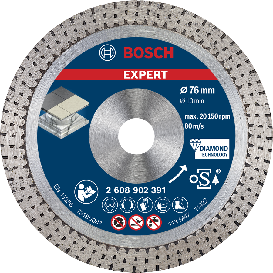 Bosch EXPERT Hard Ceramic Diamanttrennscheibe Ø 76 x 1,9 x 10 mm (für Mini-Winkelschleifer, Schneidet harte Fliesen & Stein)