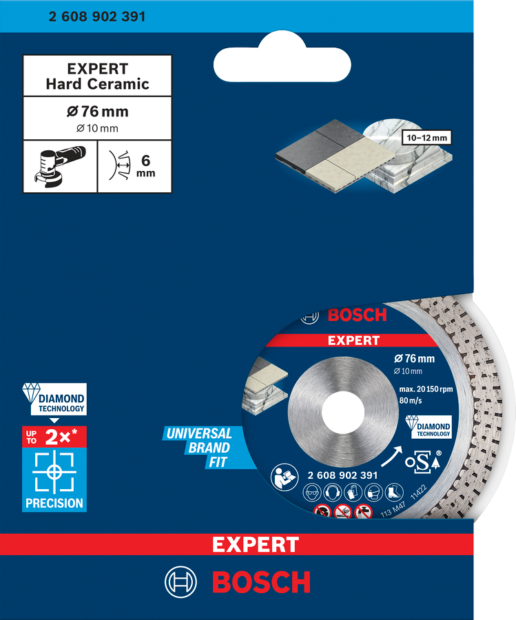 Bosch EXPERT Hard Ceramic Diamanttrennscheibe Ø 76 x 1,9 x 10 mm (für Mini-Winkelschleifer, Schneidet harte Fliesen & Stein)