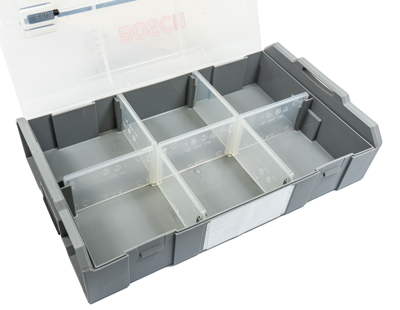 Bosch PRO L-BOXX Mini Grau mit transparentem Deckel (inkl. Trennwände, als Lunchbox verwendbar, Tragegriff auf Oberseite, Stapelbar)