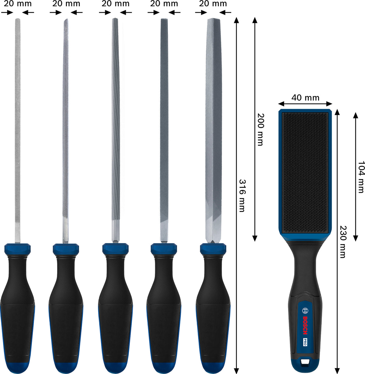 Bosch PRO Feilen- und Feilenbürsten-Set 6-tlg. (inkl. Flachfeile, Halbrundfeile, Rundfeile, Dreieckfeile, Vierkantfeile, PRO Feilenbürste)