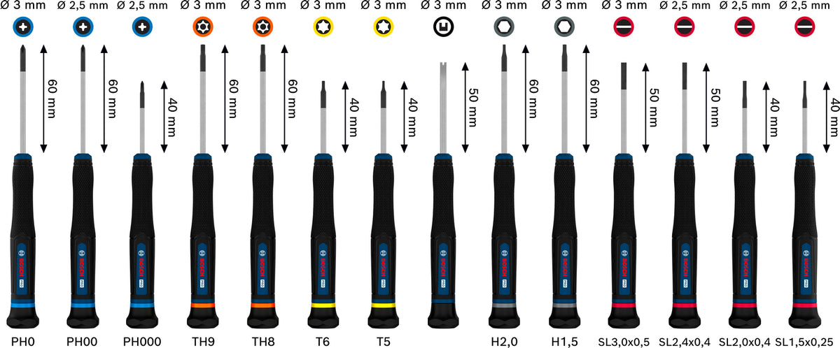 Bosch PRO Präzisionsschraubendreher PH/SL/TX/TH/H Set, 14-tlg. (S2-Stahlwelle, 2-Komponenten-Griff, Farbcodiert, inkl. Tasche)
