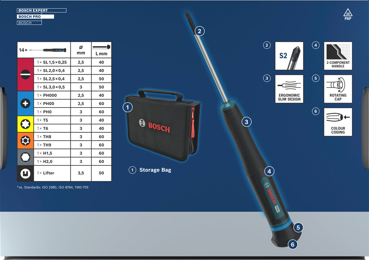 Bosch PRO Präzisionsschraubendreher PH/SL/TX/TH/H Set, 14-tlg. (S2-Stahlwelle, 2-Komponenten-Griff, Farbcodiert, inkl. Tasche)