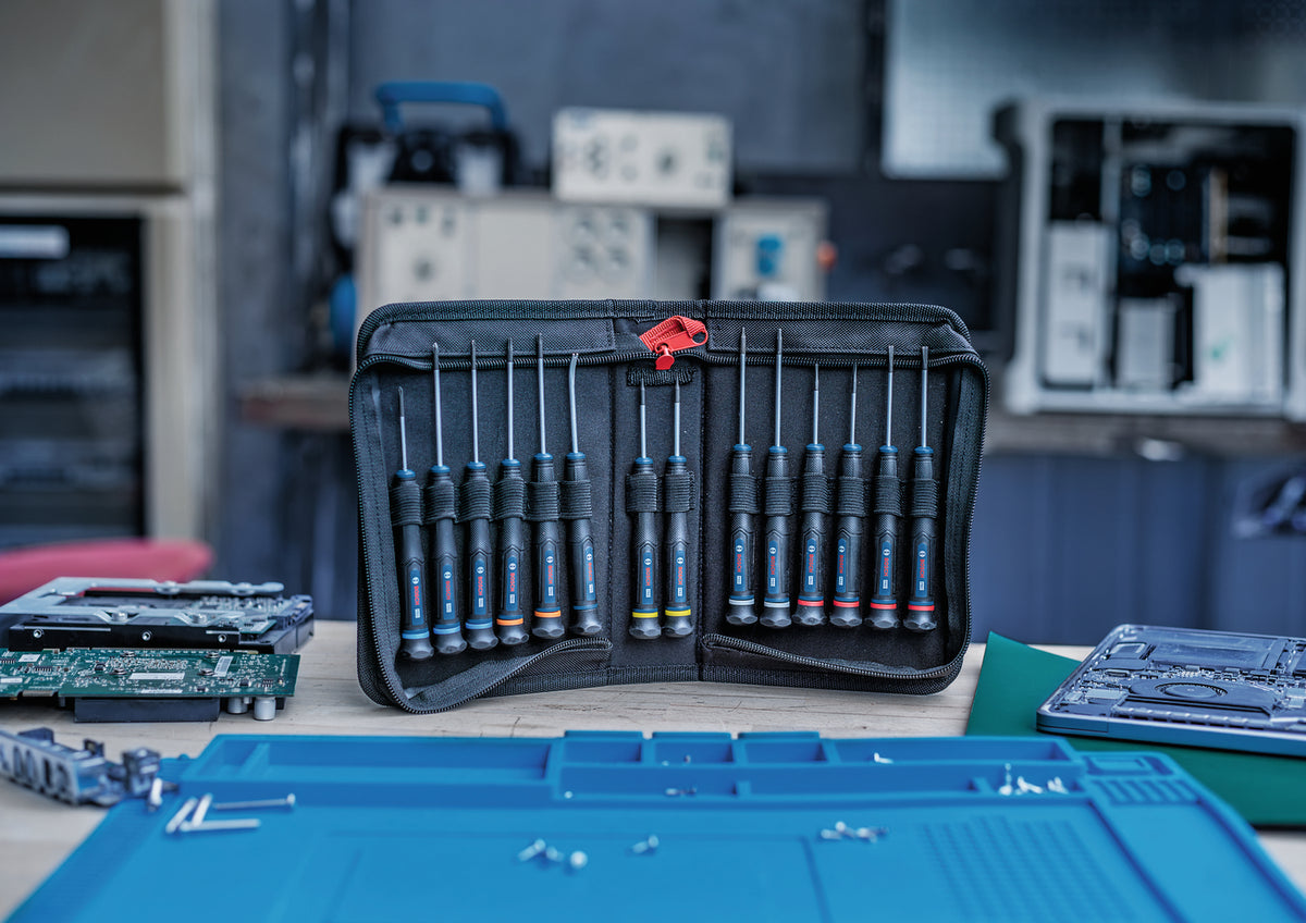 Bosch PRO Präzisionsschraubendreher PH/SL/TX/TH/H Set, 14-tlg. (S2-Stahlwelle, 2-Komponenten-Griff, Farbcodiert, inkl. Tasche)