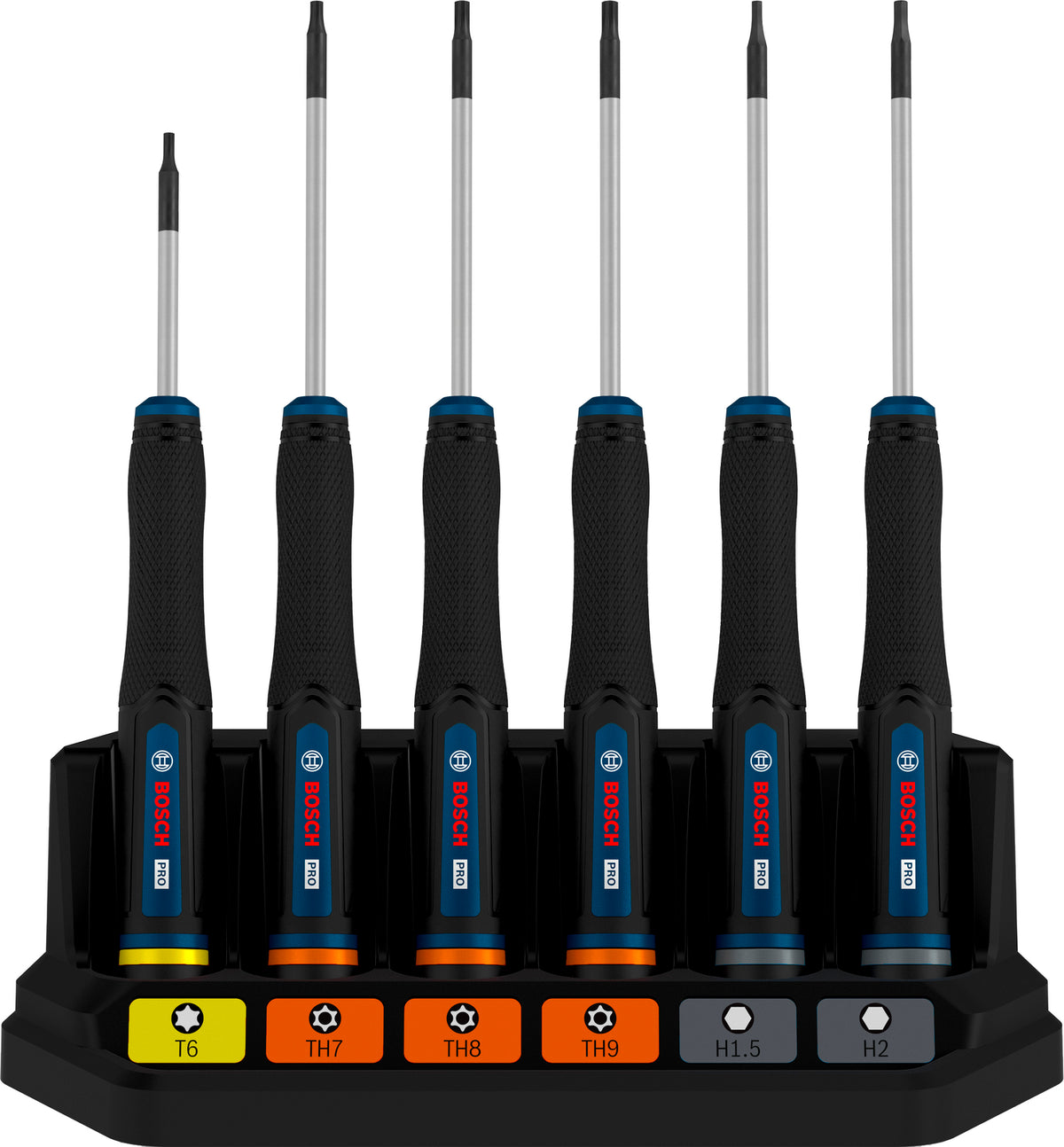 Bosch PRO Präzisionsschraubendreher TX/TH/H Set, 6-tlg. (S2-Stahlwelle, 2-Komponenten-Griff, Farbcodiert, inkl. Ständer)