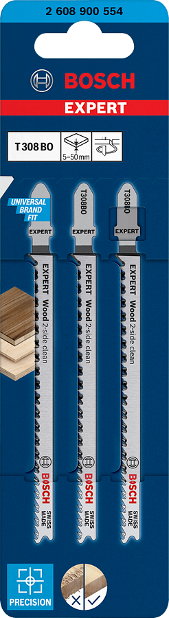 Bosch Professional Expert Stichsägeblatt T 308 BO Wood 2-side Extraclean for Wood für Holz 3Stück