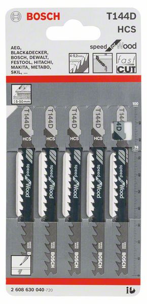 Bosch Stichsägeblatt T 144 D (5er-Pack, Speed for Wood, Schnelle Schnitte in Weichholz, T-Schaft)