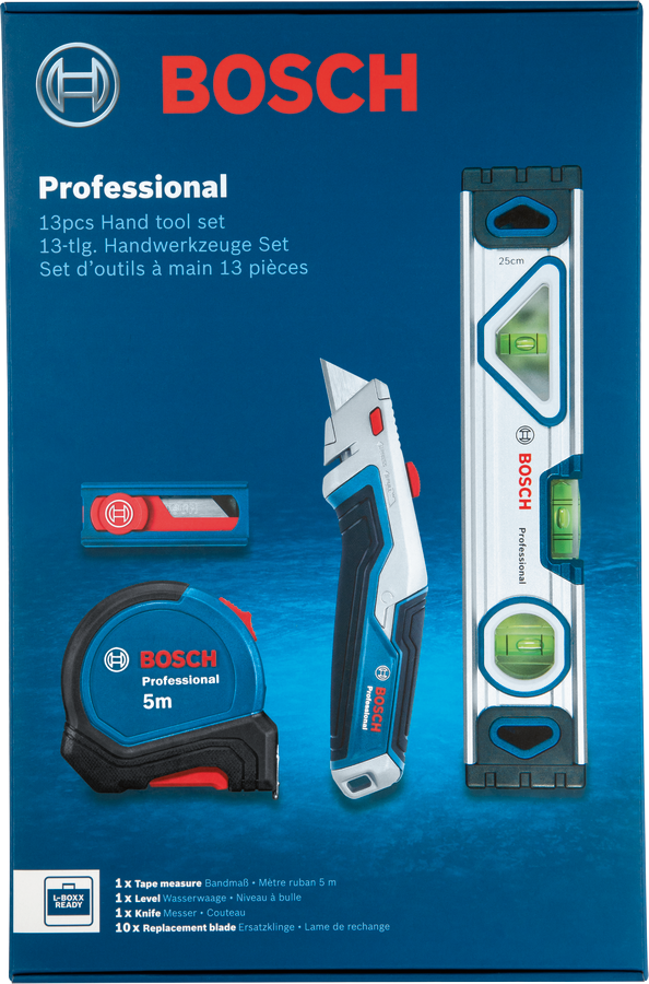 Bosch Professional Combo Kit Universal-Handwerkzeug Set Maßband / Messer / Wasserwaage 13 tlg.
