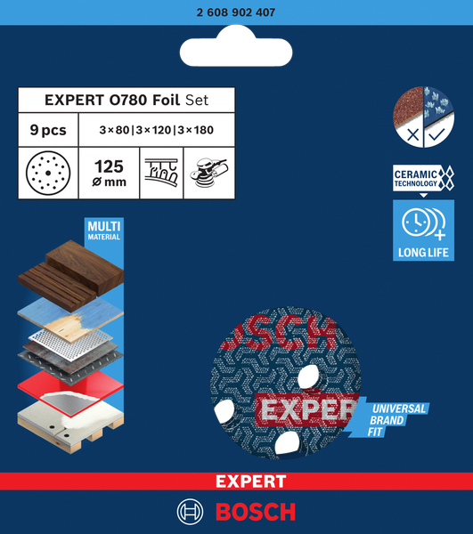 Bosch Expert Folienschleifscheiben Set O780 Ø 125 mm K80/K120/K180 9 tlg. (2608902407)