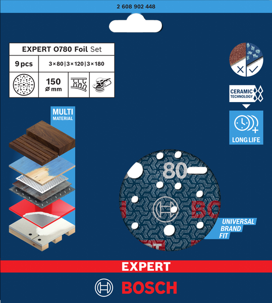 Bosch Expert Folienschleifscheiben Set O780 Ø 150 mm K80/K120/K180 9 tlg. (2608902448)