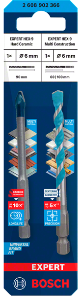 Bosch Expert HEX-9 Hard Ceramic + HEX-9 Multi Construction Bohrer 6 mm (2608902366)
