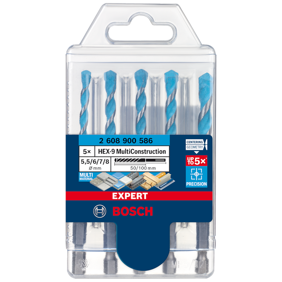 Bosch Professional Expert HEX-9 MultiConstruction Bohrer-Set Ø 5.5/6/6/7/8 mm ideal für unterschiedliche Materialien 2608900586