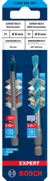 Bosch Expert Kombiset HEX-9 Hard Ceramic + HEX-9 Multi Construction Bohrer 8 mm (2608902367)