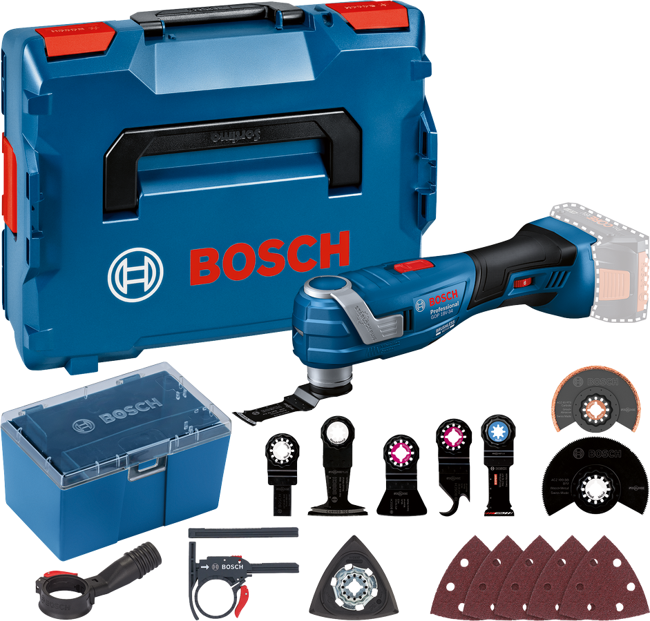 Bosch Professional GOP 18V-34 Akku-Multi-Cutter mit Zubehör und Bosch Professional GOP 18V-34 Akku-Multi-Cutter mit Zubehör & Starlock Plus ohne Akku/Lader in L-Boxx 136 (06018G2002)
