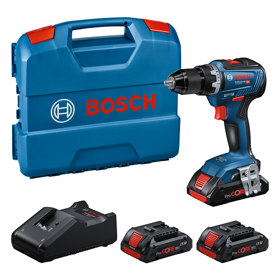 Bosch Professional GSR 18V-55 Akku-Bohrschrauber bürstenlos mit 55 Nm 3 x 4.0 Ah ProCore und Lader in L-Case (0615A5002P)