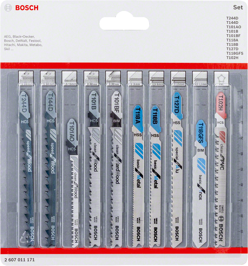 Bosch Stichsägeblatt-Set All in One für Holz, Metall und PVC mit T-Schaft 10 tlg. (2607011171)