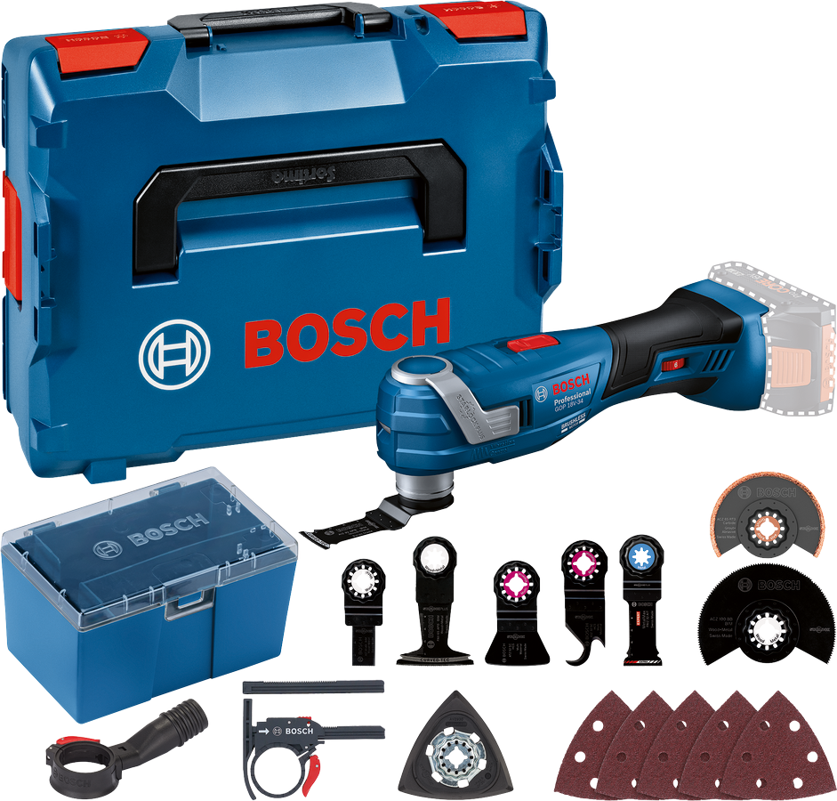 Bosch Professional GOP 18V-34 Akku-Multi-Cutter mit Zubehör und Starlock Plus ohne Akku/Lader in L-Boxx 136