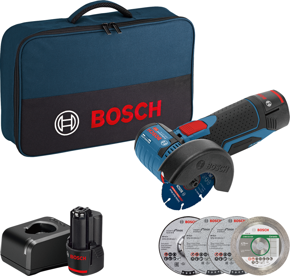 Bosch Professional GWS 12V-76 Akku-Winkelschleifer 2 x 2.0 Ah, Ladegerät und Zubehör in Tasche
