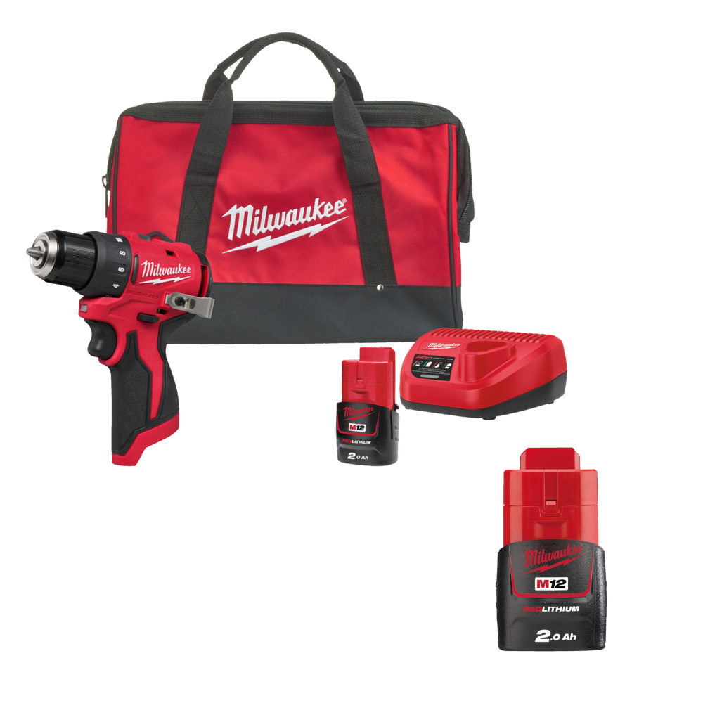 Milwaukee M12 BLDDRC-201B Akku-Schrauber 40 Nm mit Akku/Lader in Tasche + Gratis M12B2