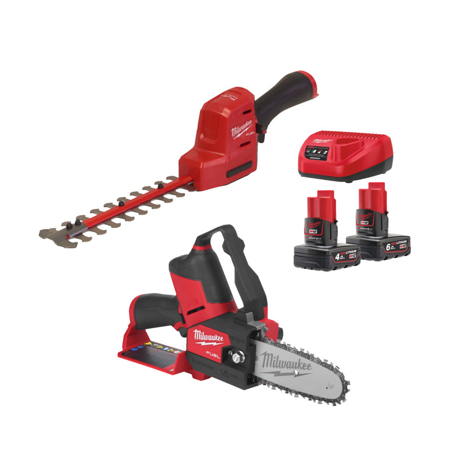 Bürstenloses Milwaukee M12 FPP2OP2-642 Kettensägen-Heckenscheren Set mit Akku & Lader (4933493208)