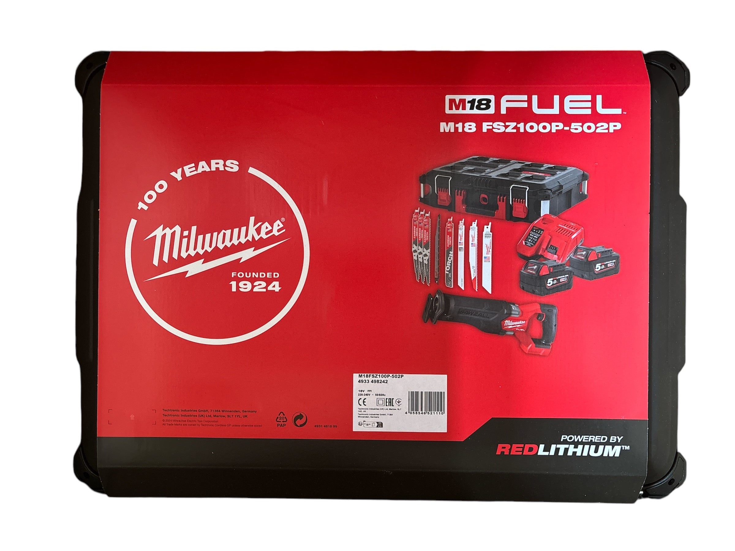 Milwaukee M18 FSZ100P-502P 100 Jahre Jubiläumsset Akku-Säbelsäge M18 FSZ + Akku und Lader + Säbelsägeblätter in Packout Box (4933498242)