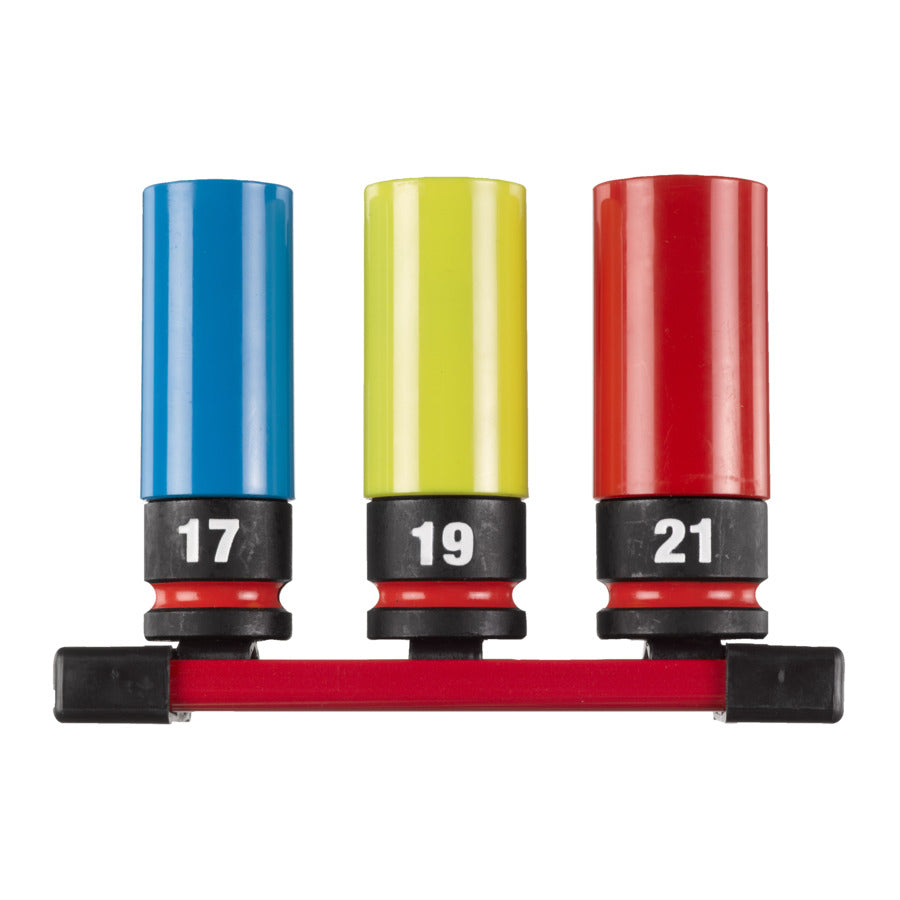 Milwaukee Shockwave 1/2" HEX buntes Schlagnuss-Set  17/19/21 mm auf Magnetschiene 3 tlg. (4932493370)