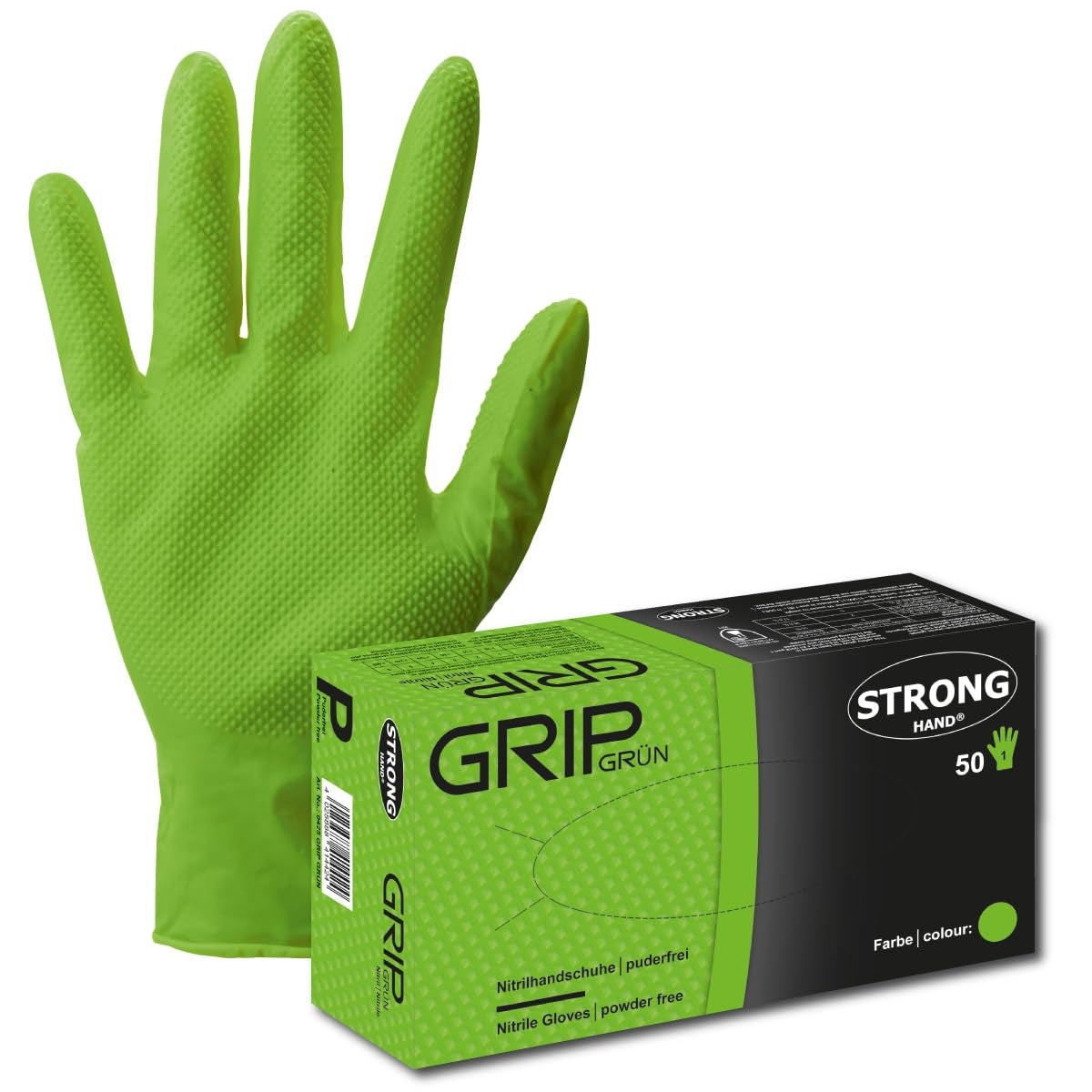 STRONGHAND Einweghandschuh Grip Nitril puderfrei latexfrei GRUEN 50 Handschuhe in Box
