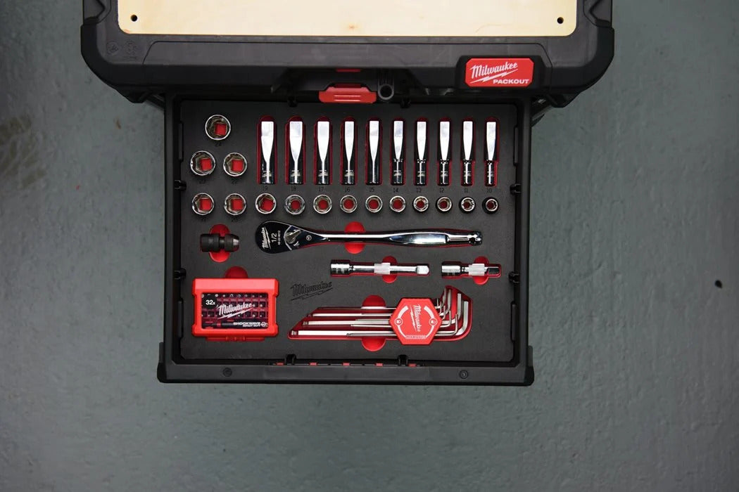 Milwaukee® Einlage für Packout Koffer mit Schubladen Sechskantschlüssel, Shockwave Bits & 1/2" Ratschen u. Steckschlüsseleinsätze 70 tlg