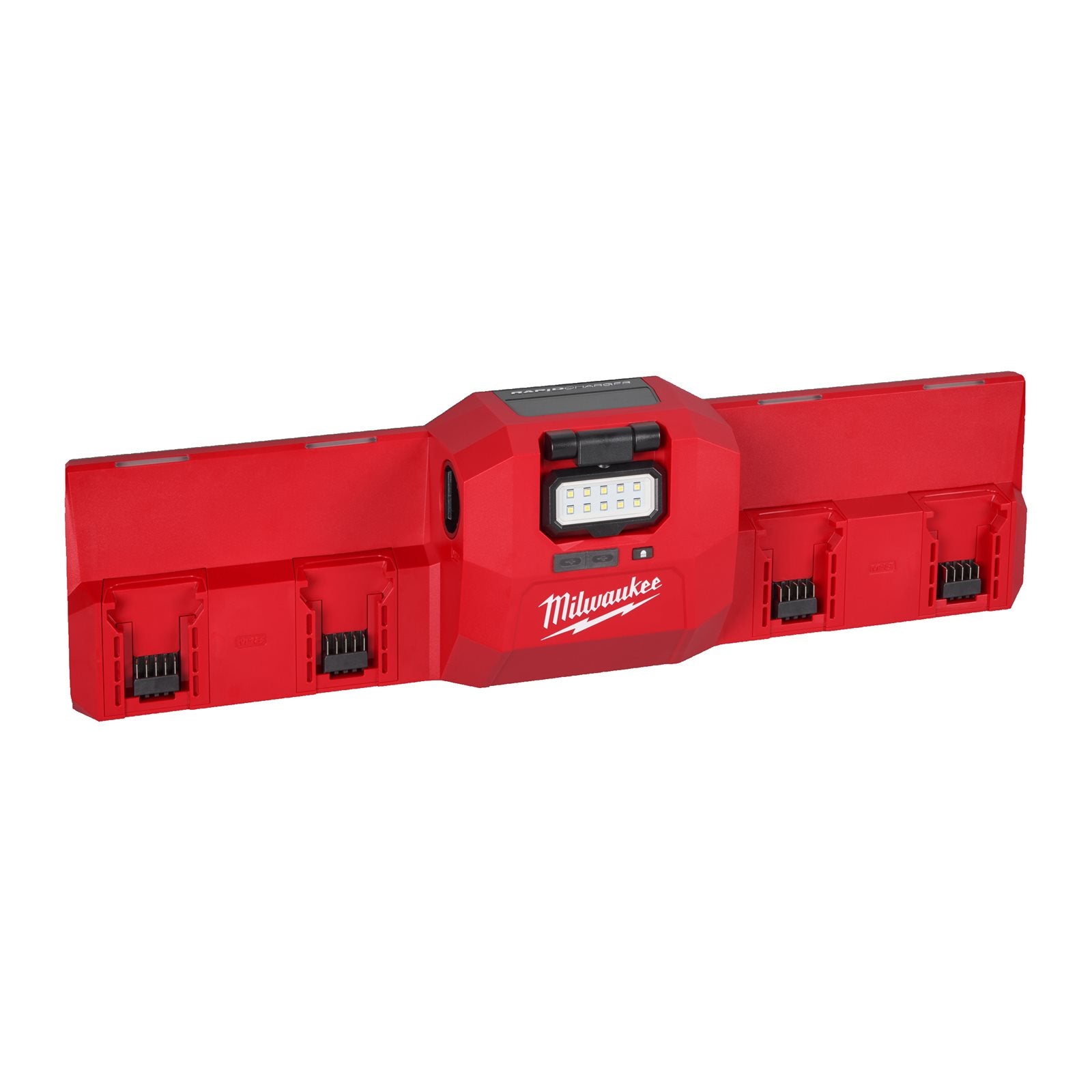 Milwaukee M12-18 GBC4 Mehrfach-Ladegerät (lädt M12 & M18 Akkus, magnetische Aufhängung, 2 x USB-C, 450 lm Leuchte)