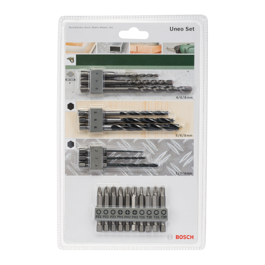 Bosch DIY Uneo SDS-Quick Bit- und Bitbohrer Set für Stein / Holz / Metall 19tlg