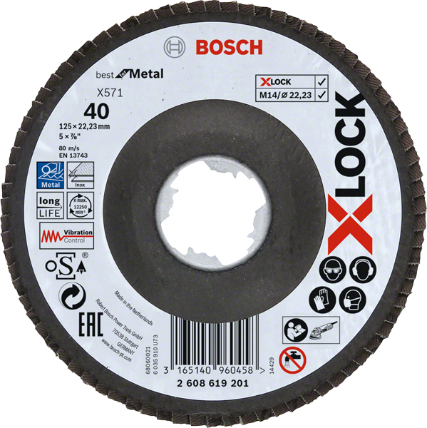 Bosch Professional X-Lock Fächerschleifscheibe Best for Metal Ø 125 x 22,23 mm gewinkelt K40 / K60 / K80 / K120