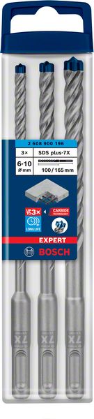 Bosch Expert SDS-plus-7X Hammerbohrer-Set mit 4 Schneiden Vollhartmetalkopf Ø 6/8/10 mm in Box