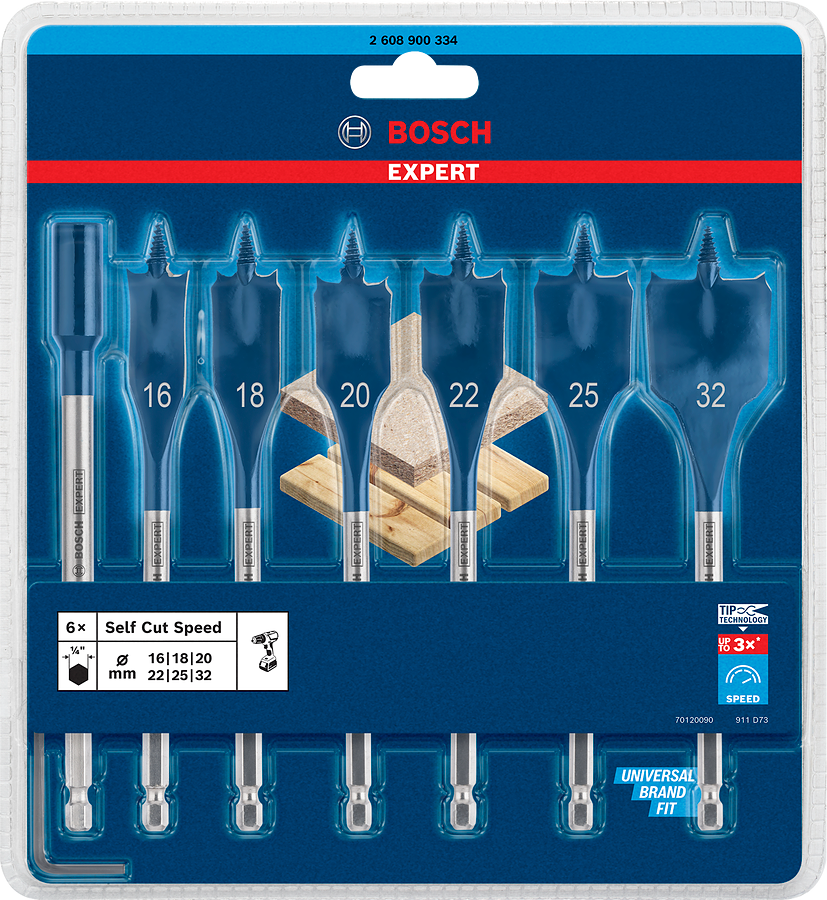 Bosch Expert SelfCut Speed Flachfräsbohrer-Set Ø 16/18/20/22/25/32 mm + Verlängerung 152 mm 7tlg.