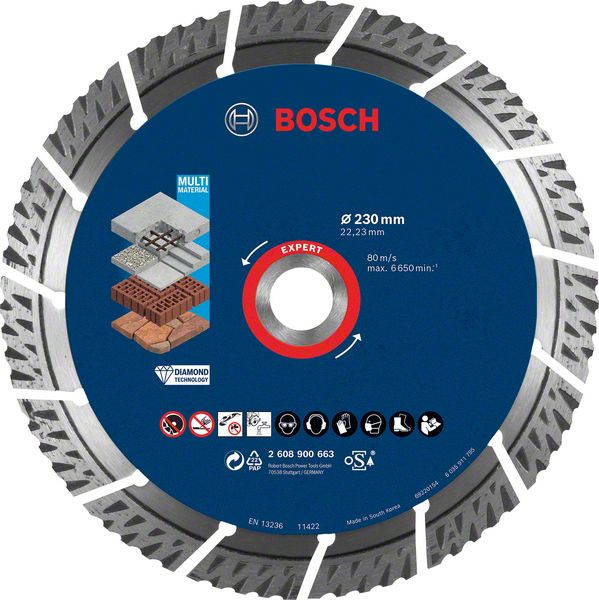 Bosch Professional Expert Diamanttrennscheibe MultiMaterial Ø 230x22.23 mm für Stein, Ziegel