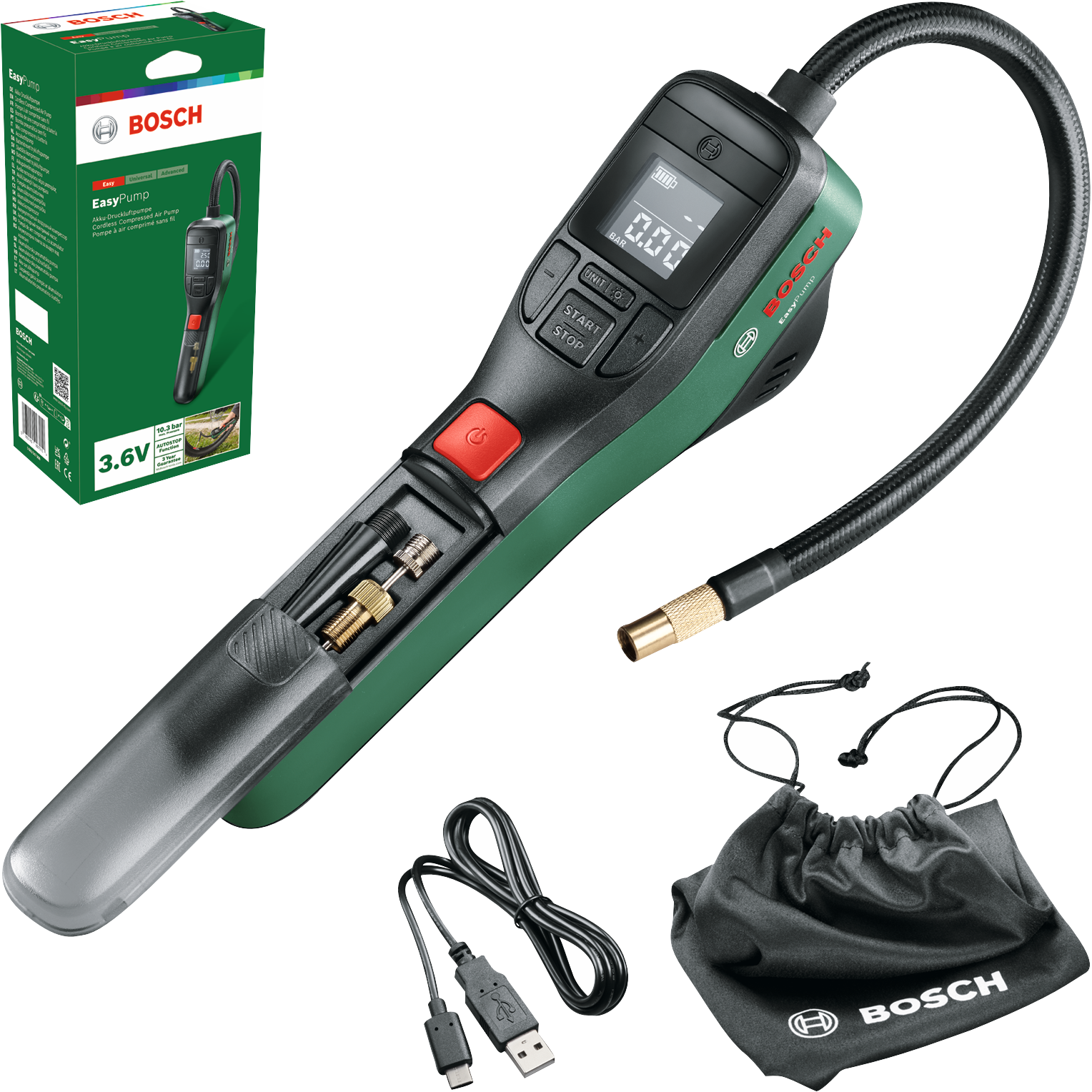 Bosch EasyPump Akku-Druckluftpumpe 3.6 V 10.3 bar mit Zubehör (0603947000)