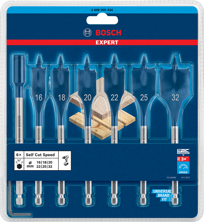 Bosch Expert SelfCut Speed Flachfräsbohrer-Set Ø 16/18/20/22/25/32 mm + Verlängerung 152 mm 7tlg. in Tasche