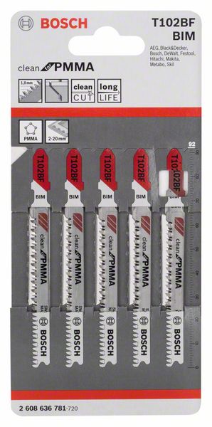 Bosch Professional Stichsägeblatt T 102 BF Clean for PMMA saubere gerade Schnitte in Kunststoff 2608636781