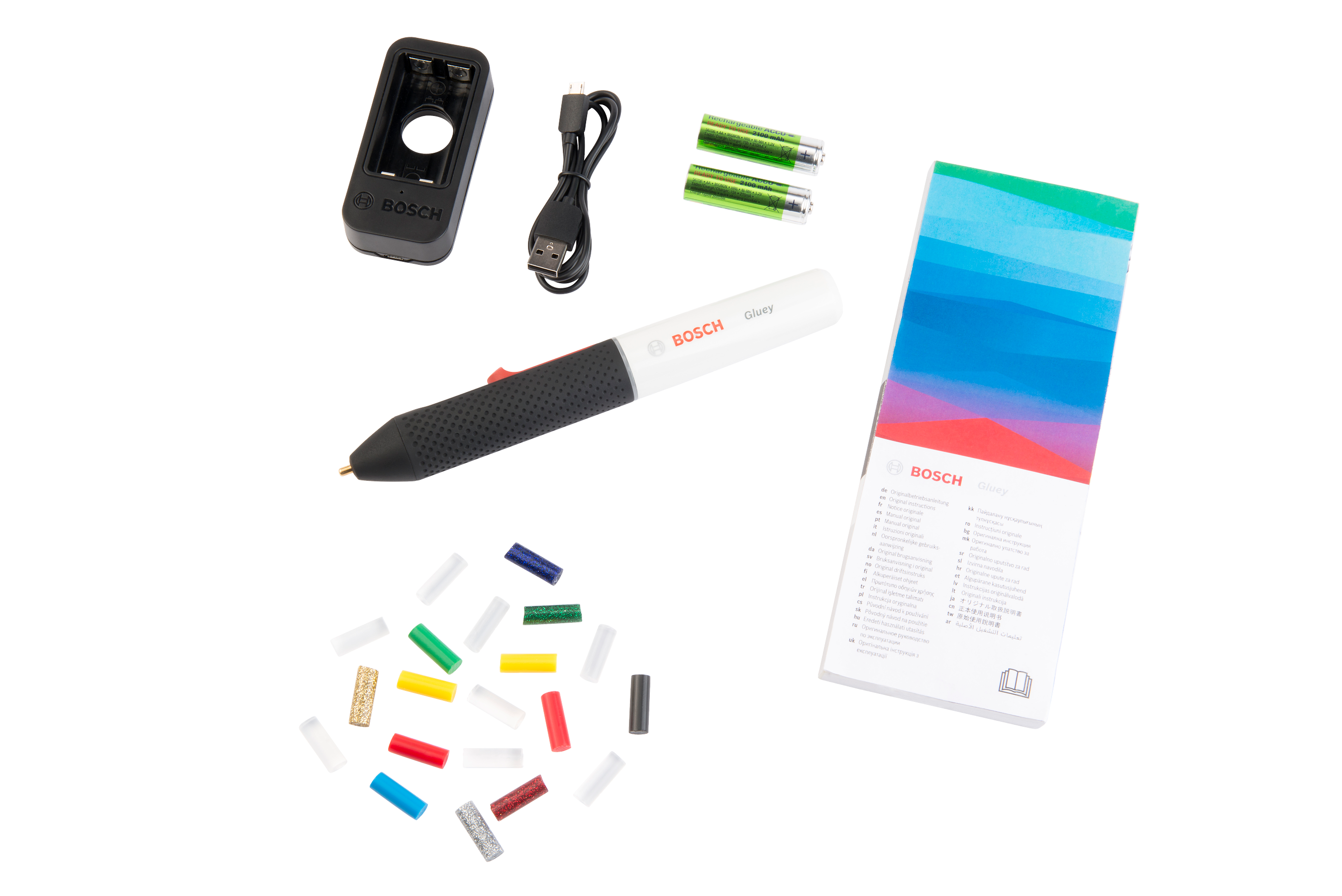 Bosch DIY Akku-Heißklebestift Gluey mit 2x 1,2 V HR06 (AA) und Zubehör in verschiedenen Farben