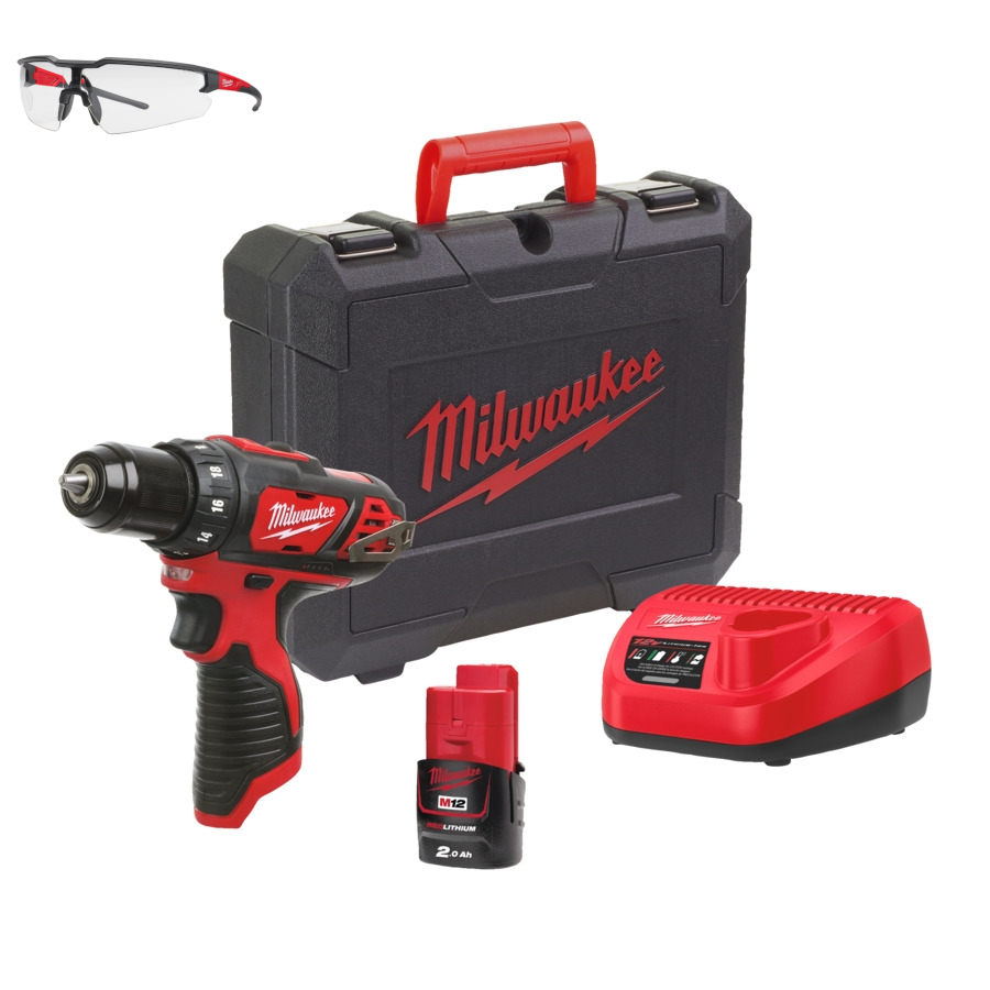 Milwaukee® M12 BDD-201C Akku-Bohrschrauber 30 Nm inkl. 1x M12 B2 Akku, Ladegerät + klare Schutzbrille in Transportkoffer