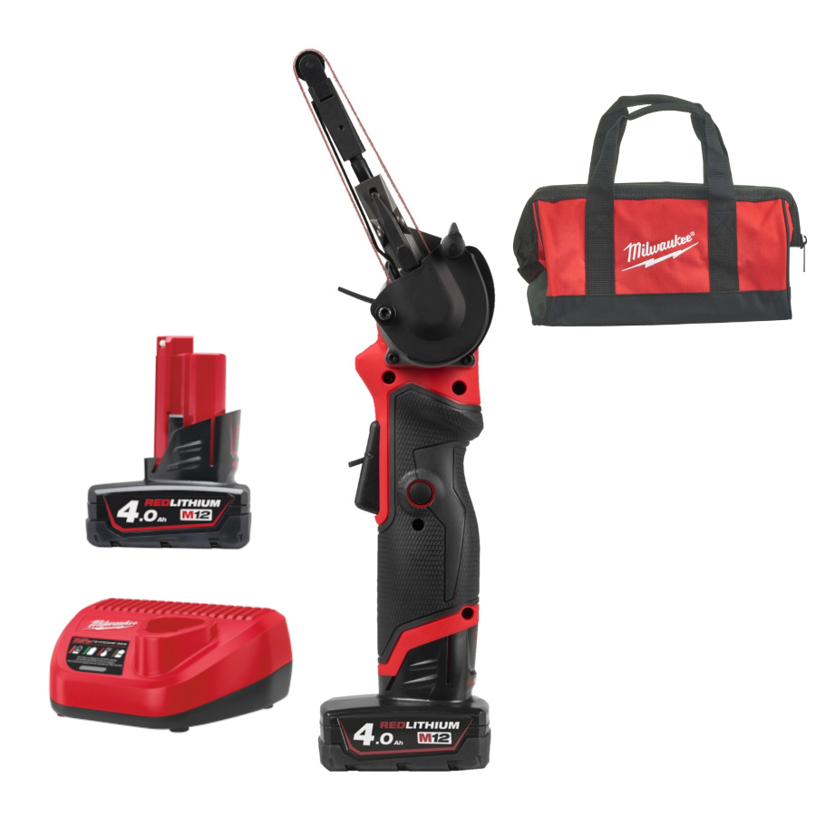 Milwaukee M12 FBFL10-402B FUEL Akku-Bandfeile mit 2x M12 B4 und Lader in Tasche (4933480959)