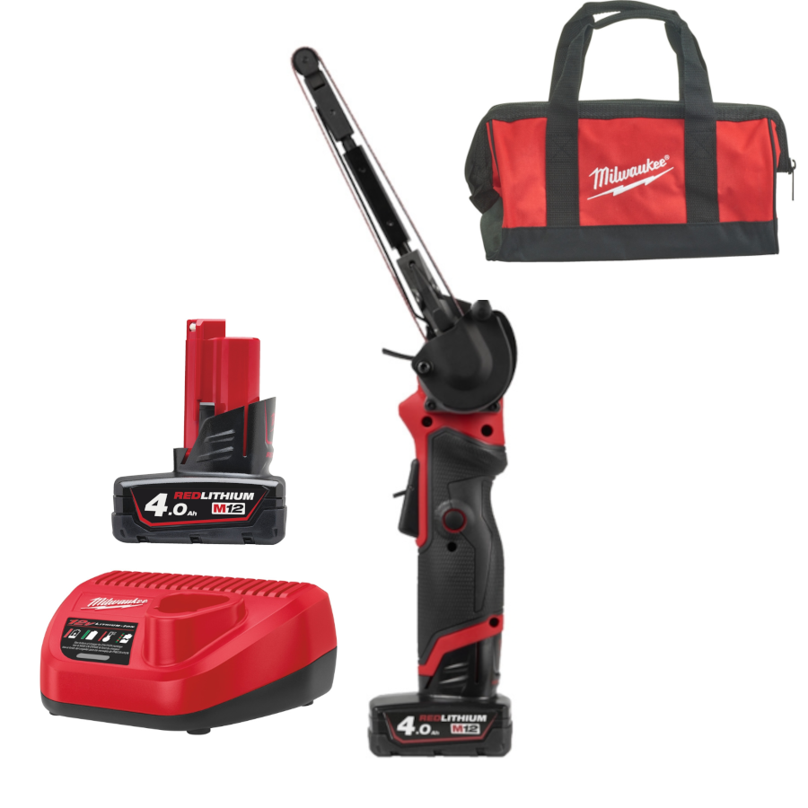 Milwaukee M12 FBFL13-402B FUEL Akku-Bandfeile mit 2x M12 B4 und Lader in Tasche (4933480961)