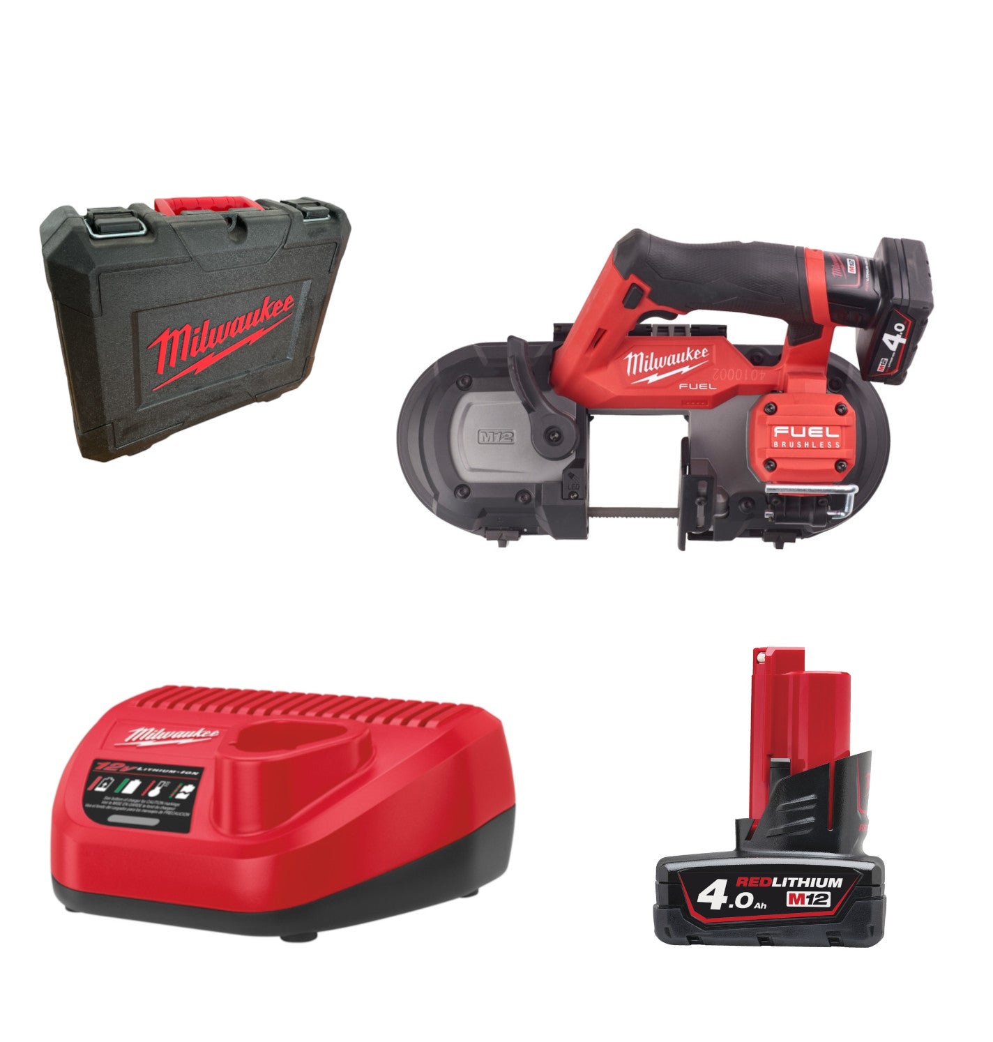 Milwaukee M12 FBS64-402C FUEL Akku-Bandsäge 64 mm Schnittkapazität 2x M12B4 und Lader in Transportkoffer